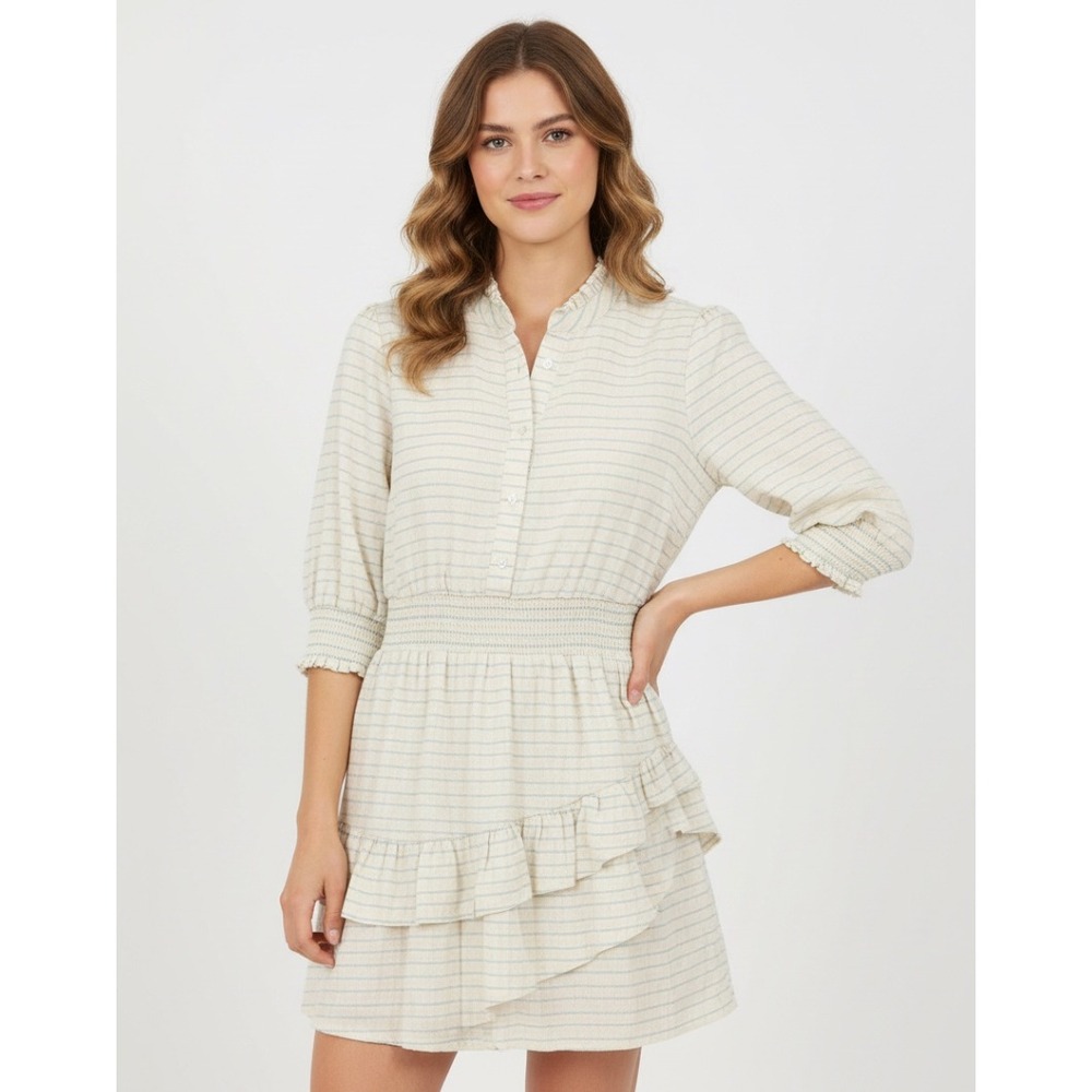 THE SHIRT Rochelle Behrens BEIGE/GREEN STRIP Seersucker RUFFLES Button DRESS S